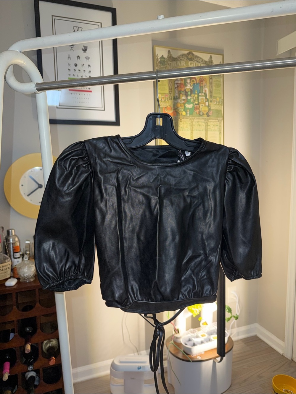 Black Faux Leather Puff Sleeve Top Open Back